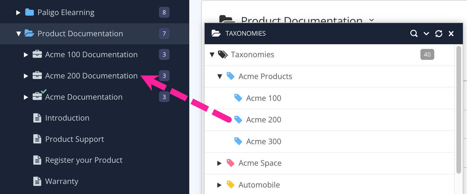 A taxonomy tag is selected in the Taxonomy floating content panel. A callout arrow shows that the tag can be dragged from the taxonomy floating content panel on to a publication in the Content Manager.