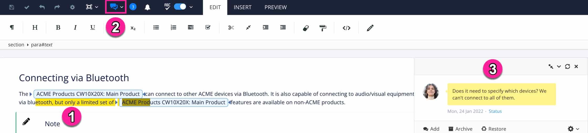 Full Paligo editor showing an open topic. The comment option in the toolbar is labelled 1, a paragraph with yellow highlight is labelled 2, and a comment box is labelled 3.