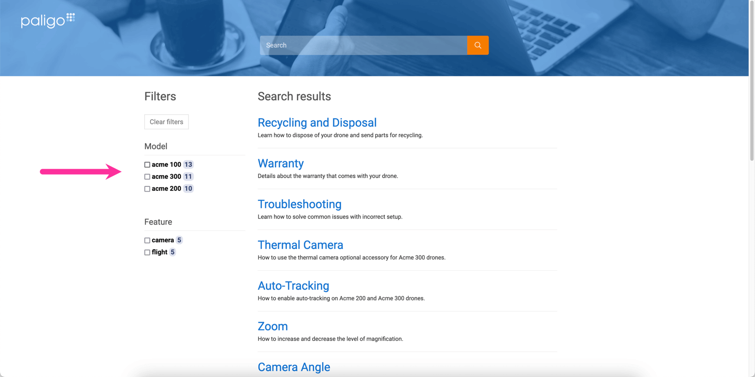 Paligo advanced search page showing an Algolia faceted search. In the main area of the page there are the search results. To the left, there are checkboxes for filtering the results by model and feature.