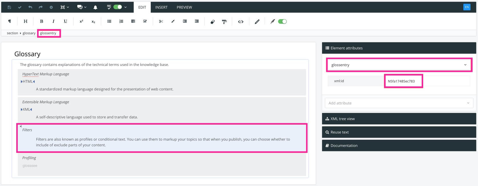 Glossary topic in Paligo editor. The glossentry element is highlighted in the element structure menu and the element attributes section. Its xml id is shown in the element attributes section and is also highlighted.