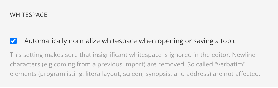 Editor settings. The global settings tab contains a Whitespace section. Inside it there is a checkbox and the label Automatically normalize whitespace when opening or saving a topic.