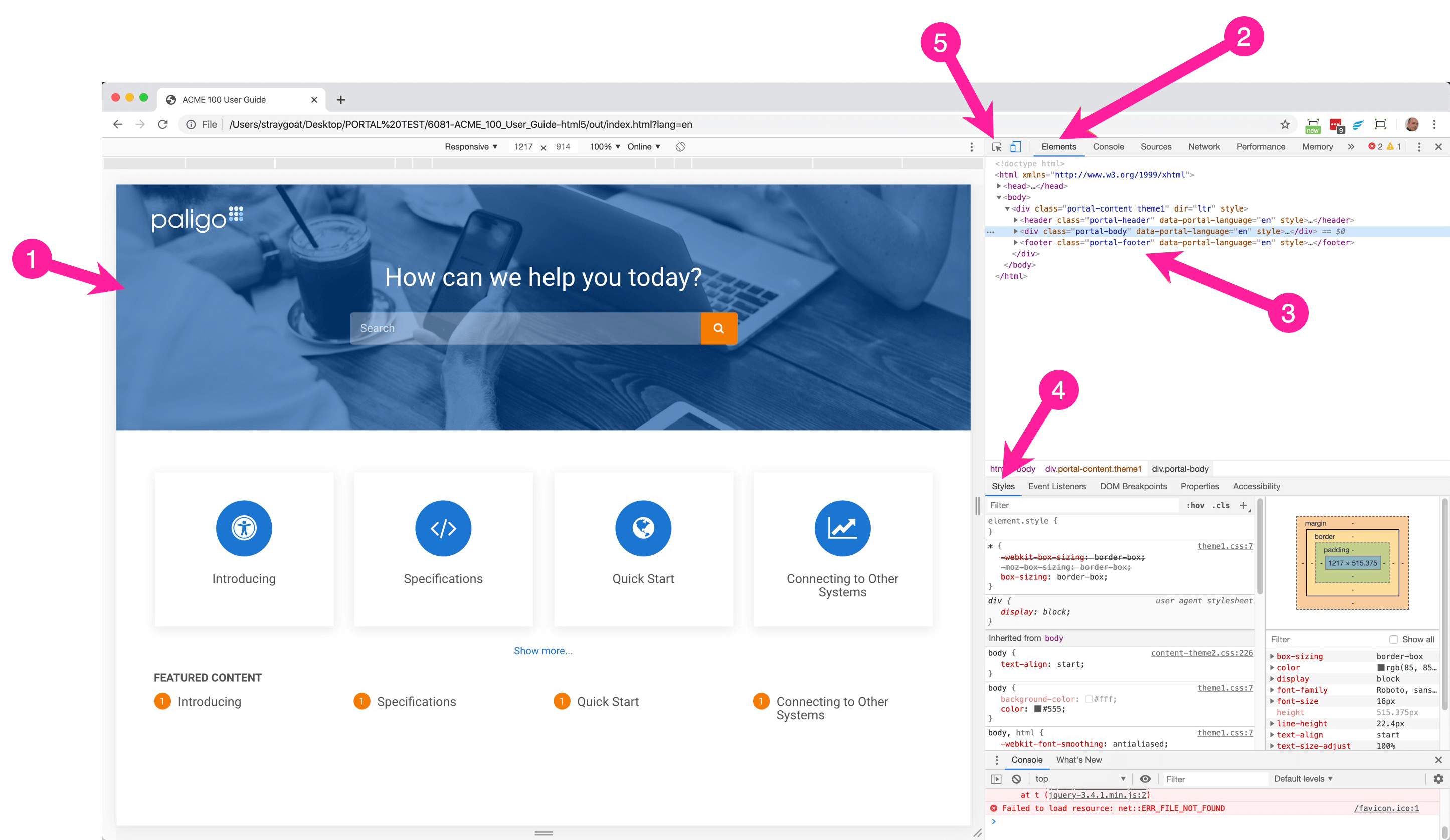Paligo help page shown in a browser with the Inspection Tool open. Callout arrows point to the various parts of the user interface.