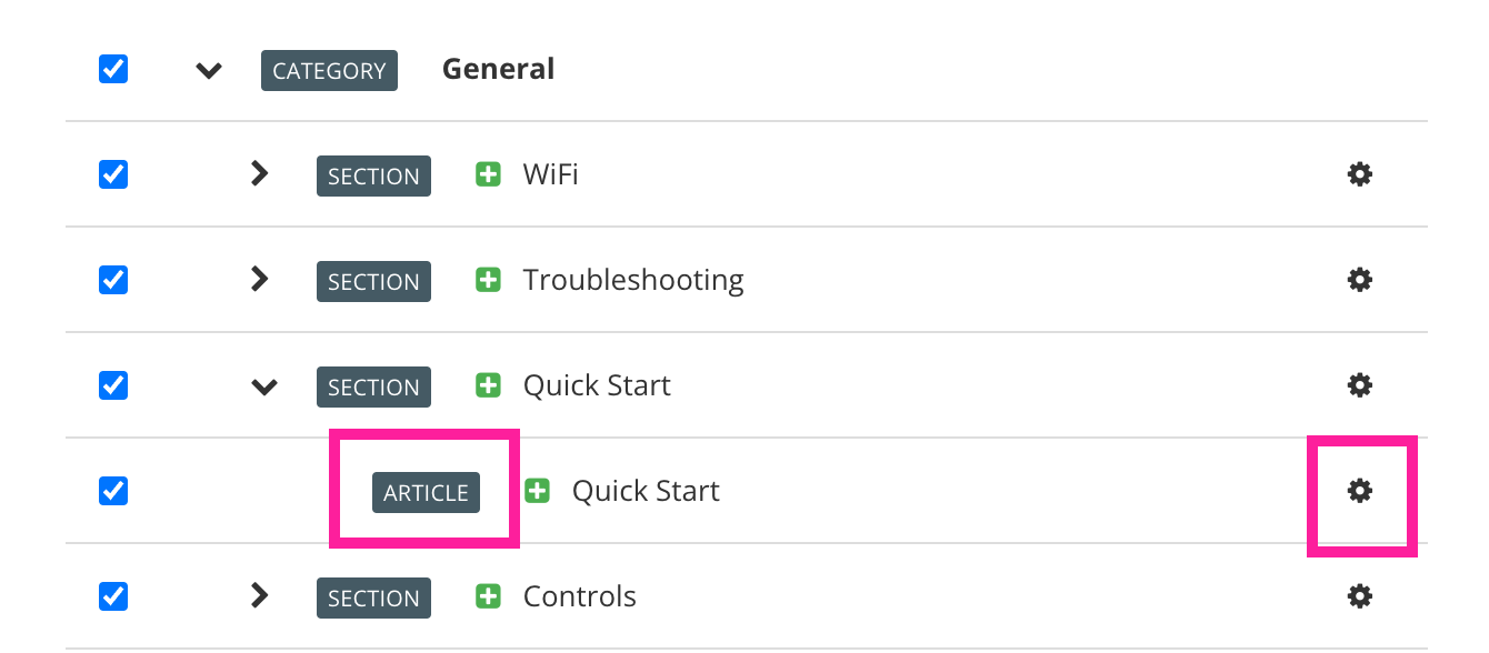 Zoomed in view of the section and article hierarchy shown on the zendesk preflight tab. An article is highlighted as well as its cog icon.