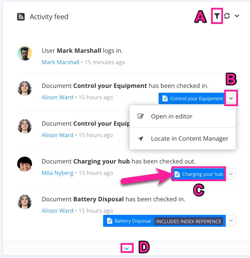 Activity feed panel on the dashboard showing 5 recent events, including topics being deleted and a user logging on.