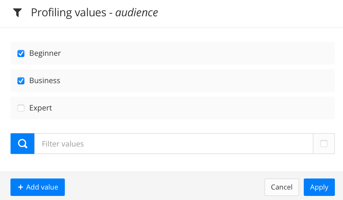 Profiling values dialog. It has checkboxes for Beginner, Business, and Expert. The Expert box is clear, the others are checked.