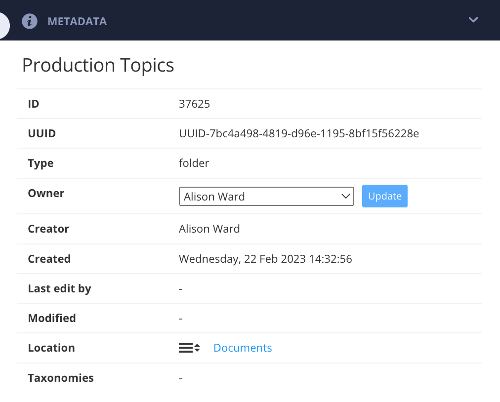 The metadata panel for a folder. It contains various categories of information and has an Owner dropdown list for changing the ownership.