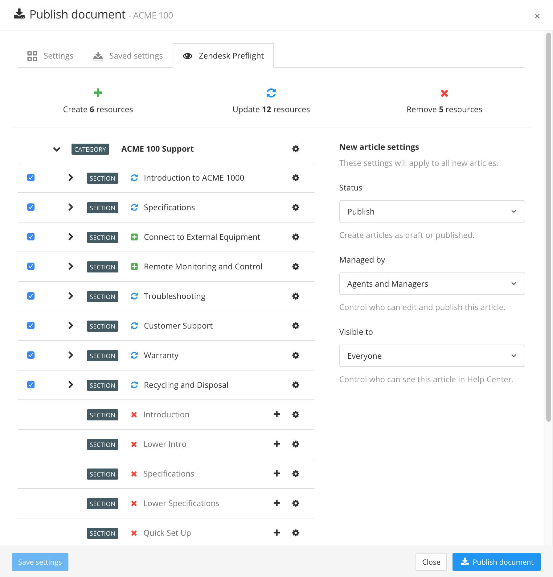 Zendesk Preflight tab showing how Paligo topics are mapped to Zendesk sections and articles.