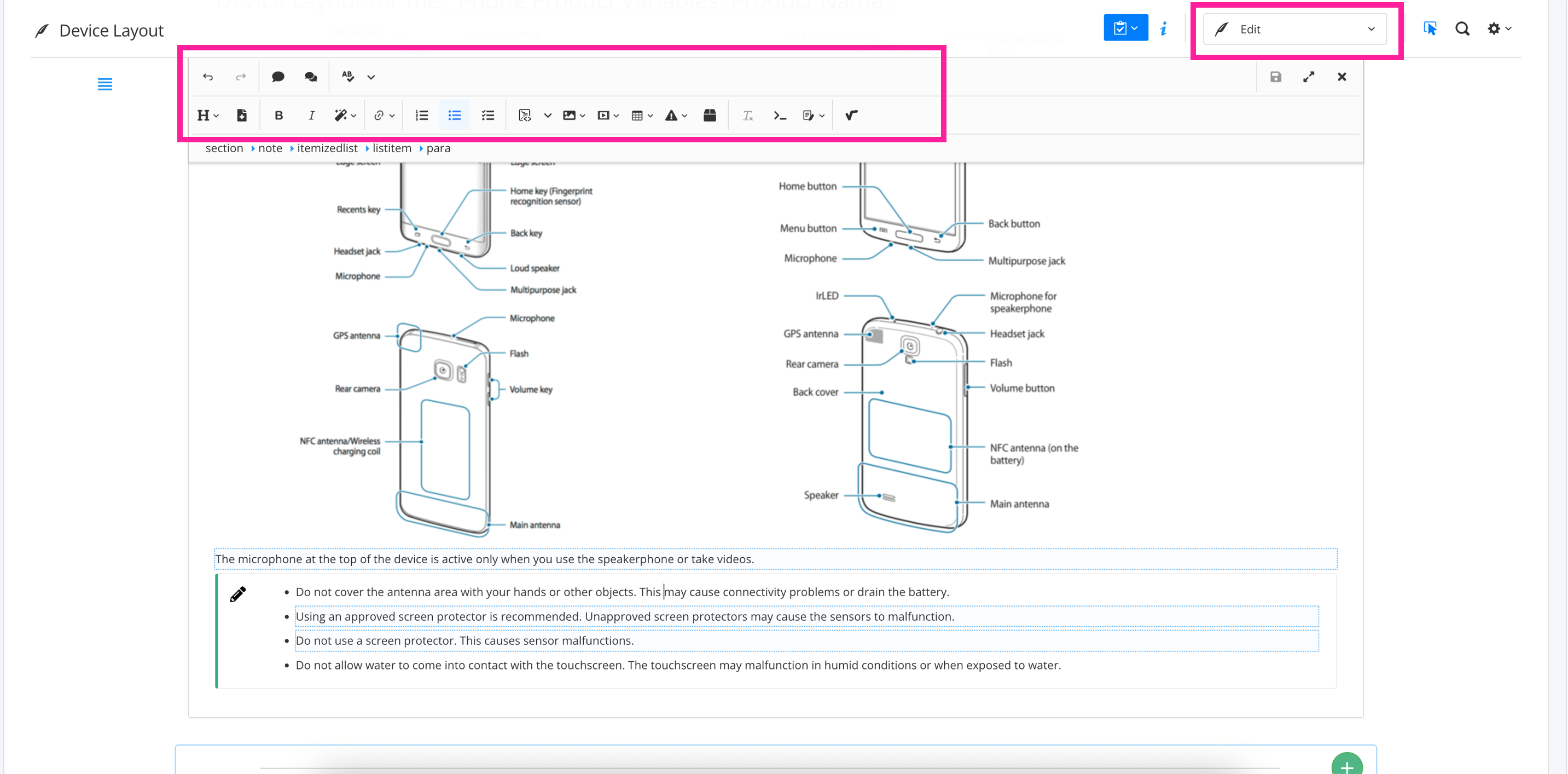 Content shown in Edit mode of Contributor Editor. The Edit mode switch is highlighted and so are the editing toolbar options at the top.