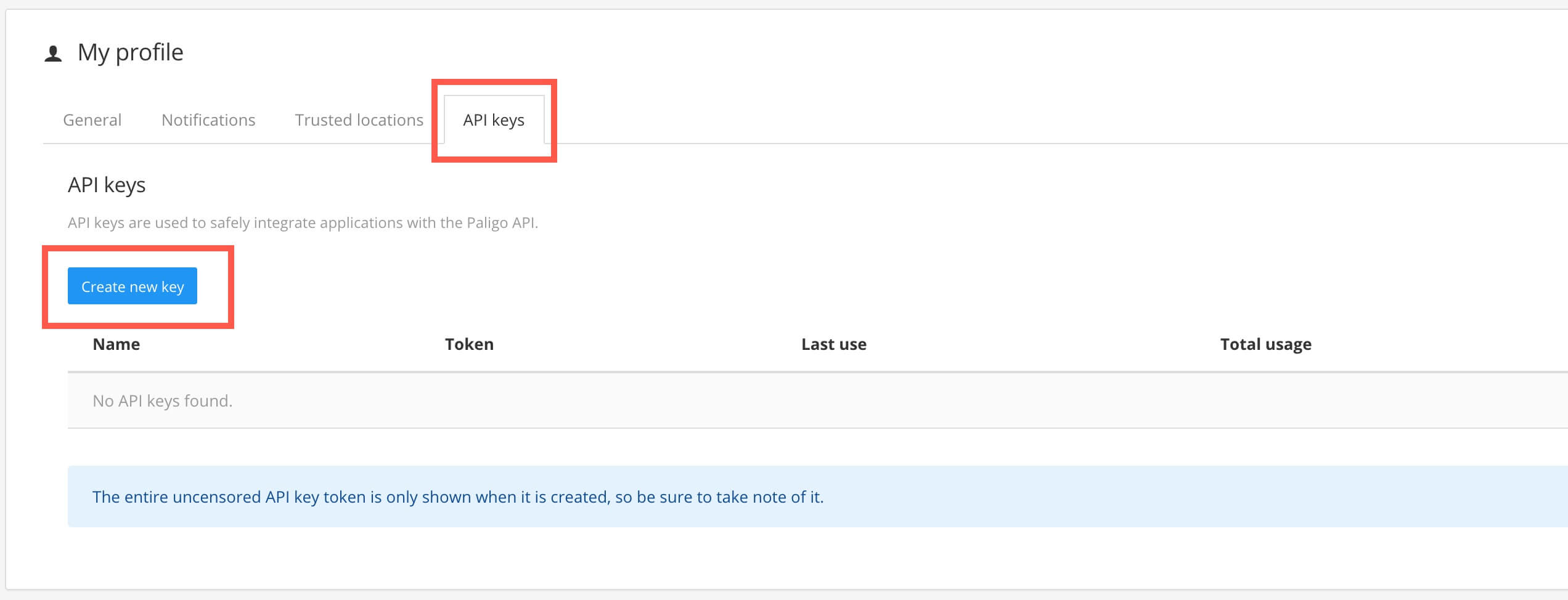 My Profile settings showing the API Keys tab. On the API Keys tab, there is a list of the existing API keys, if any, and a Create API Key button.