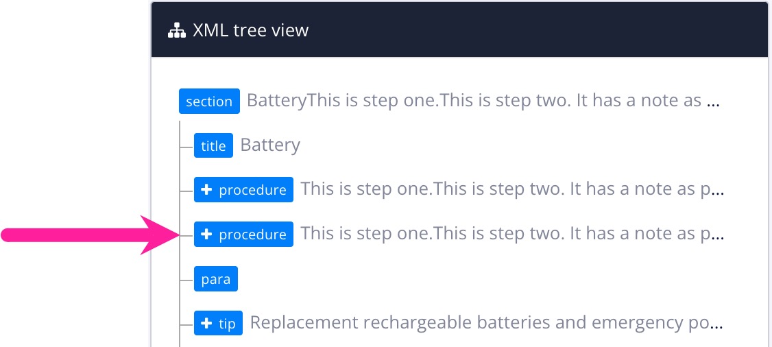 XML Tree View of a topic's structure. It shows a procedure element has been copied and the copy is placed immediately after the original version.