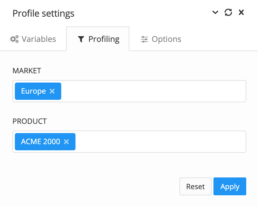 Profile settings dialog. The Profiling tab is selected. The Market attribute has a value of Europe and the Product attribute has a value of ACME 2000.