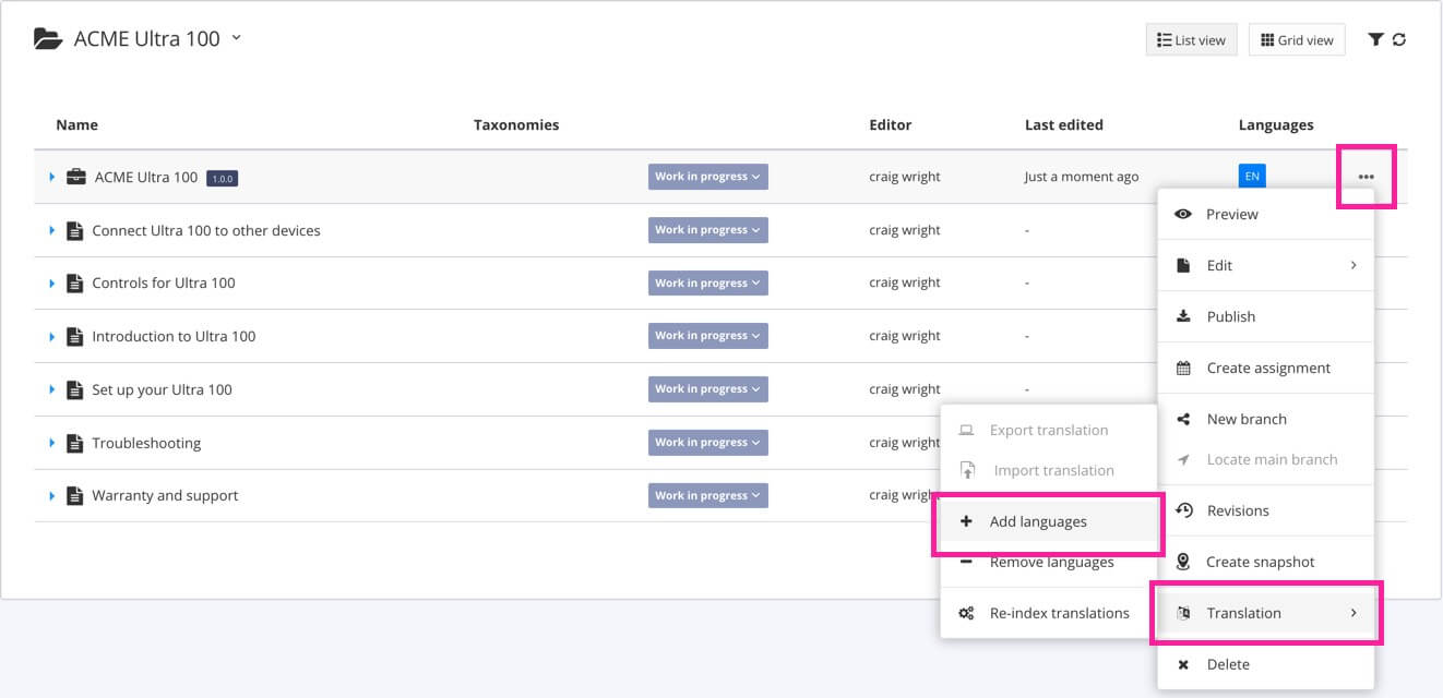 The resources view of a folder. It shows a list of all the publications and topics inside the folder, with details about the status, author, last update time, and languages. At the end of each row there is an options button. One of the options buttons has been selected, revealing a menu that shows Translations and Add Languages have been selected.