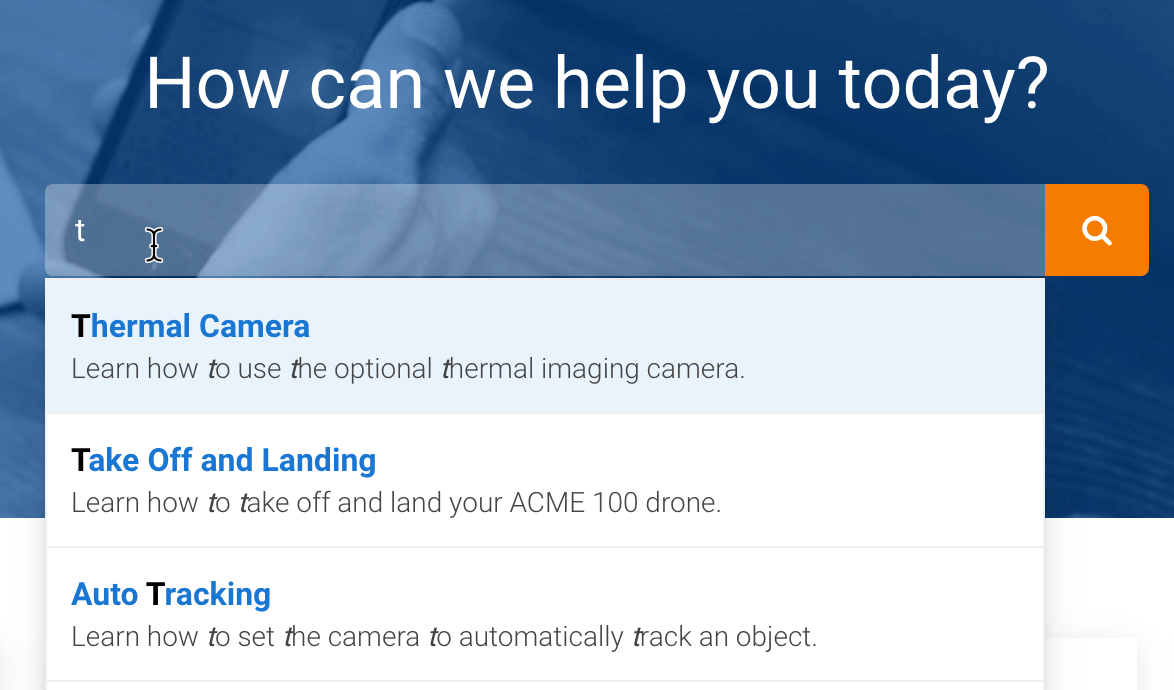 Paligo HTML5 help center portal page. A close up of the search field. A user has entered the letter t and the search automatically reveals three results that contain T in their titles.