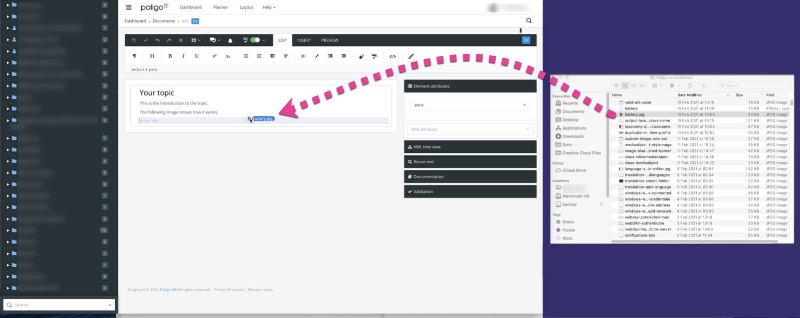A view of a desktop. On the left, the Paligo editor is open in a browser window. On the right, a folder containing images is open. A callout arrow shows that you can drag an image file from the folder into the Paligo topic.