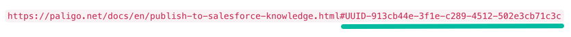 The URL of a link to a subsection on a page. The subsection part of the URL has a hash tag followed by the UUID, which is the unique ID of the subsection.