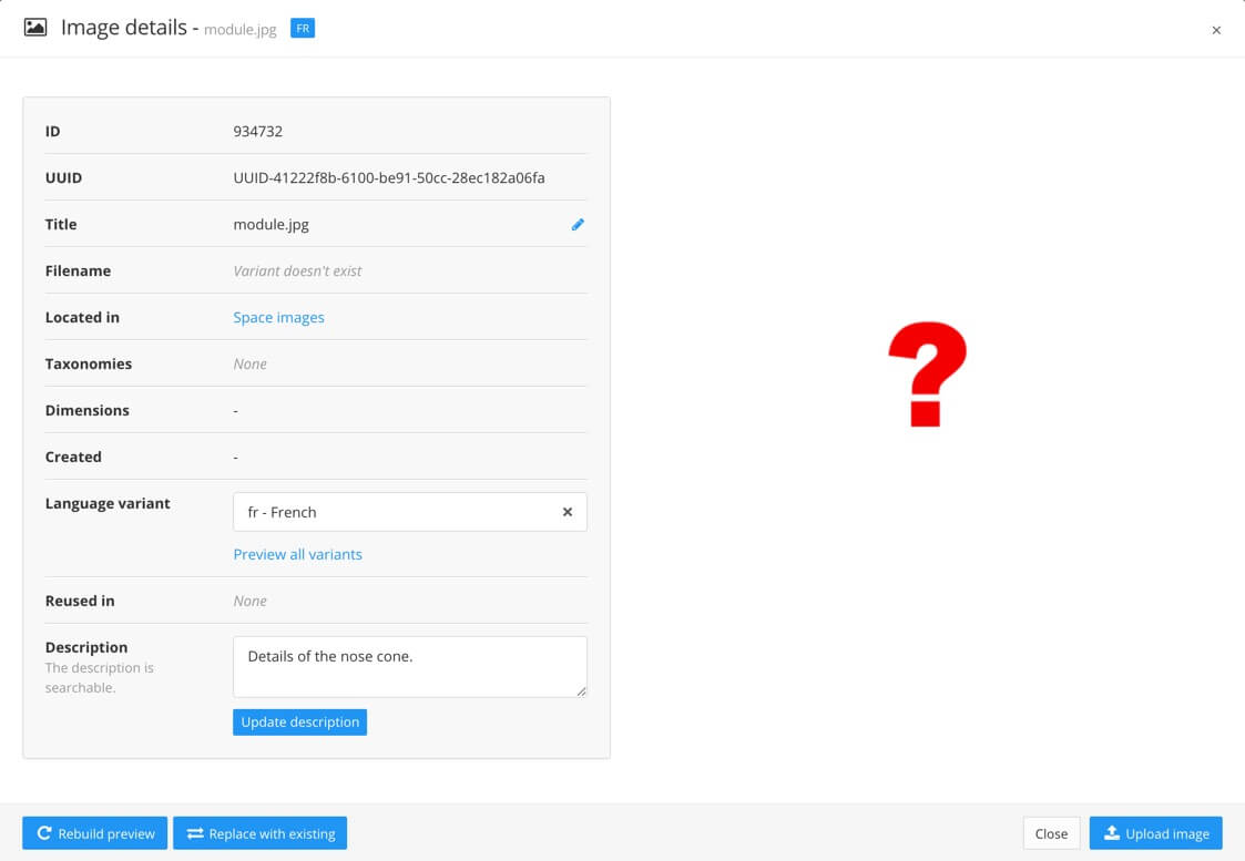 Image details showing that a language variant, in this case French, has been selected. There is no French variant image yet, so the preview shows a red question mark.